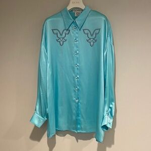 ESCADA Margaretha Ley Aqua Silk Tunic Blouse, Pearl Buttons